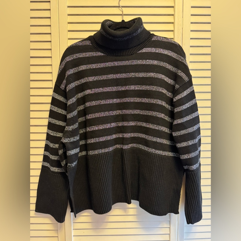 GAP Black Oversized Turtleneck Sweater with Metallic Silver Stripes. PTP 24.5” - Picture 7 of 7